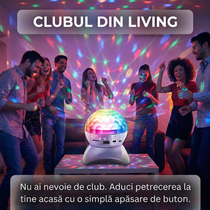Boxă Portabilă Bluetooth cu Lumini Disco RGB, Glob de Cristal Rotativ, Radio FM, USB și Suport Card TF, Alb