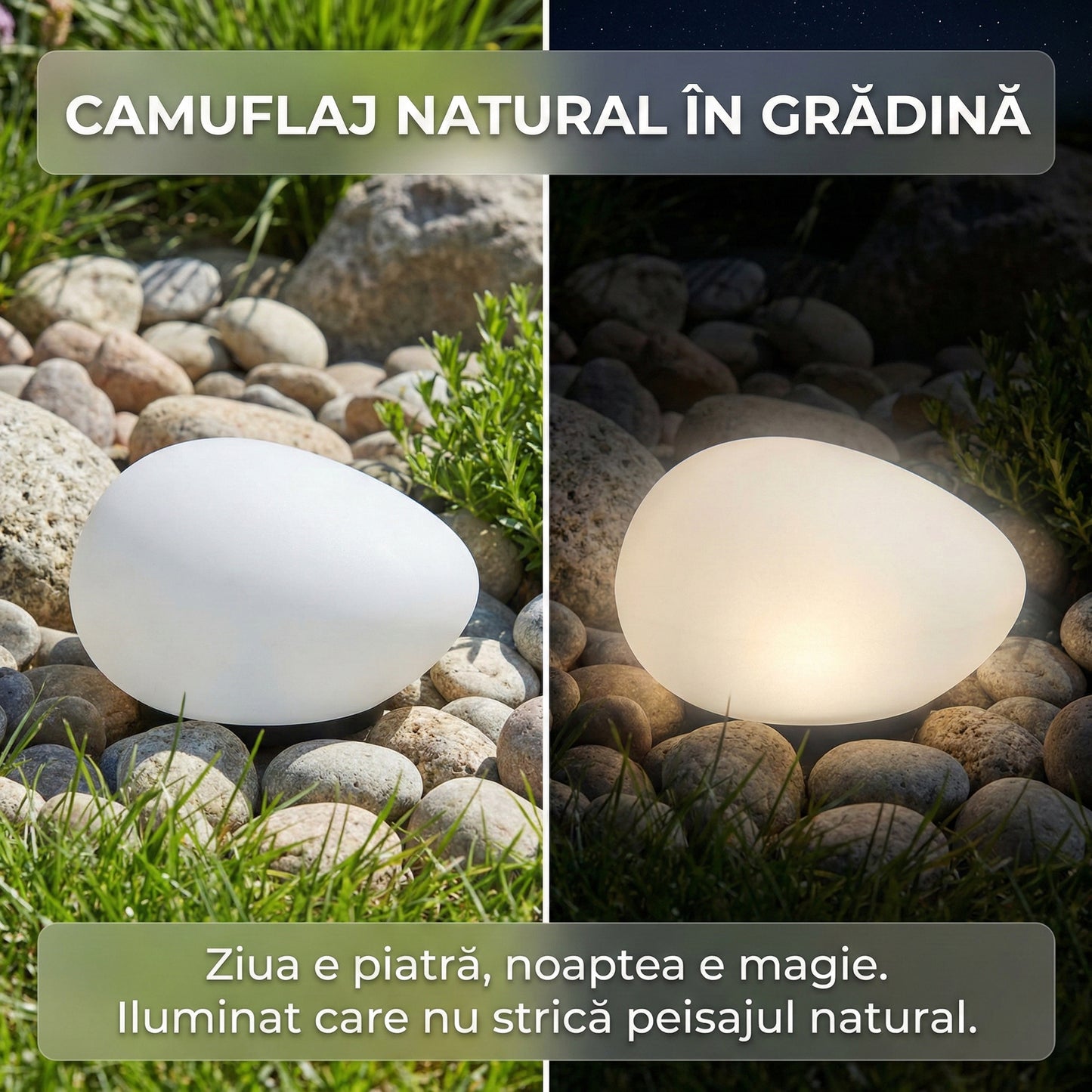 Lampă Solară de Grădină Tip Piatră "Cobblestone", LED Decorativ, Senzor Crepuscular, Fără Fire, Aspect Natural