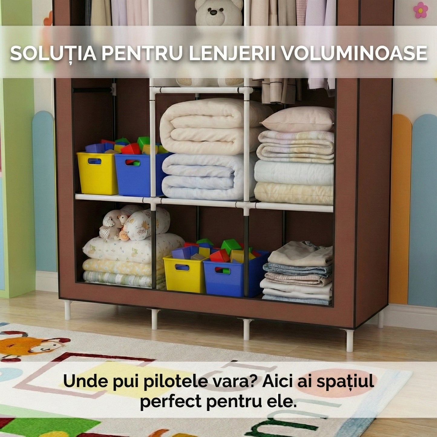 Dulap Textil Portabil XL pentru Haine, Organizator Garderobă 128x45x170cm, Husă Maro, Rafturi Multiple