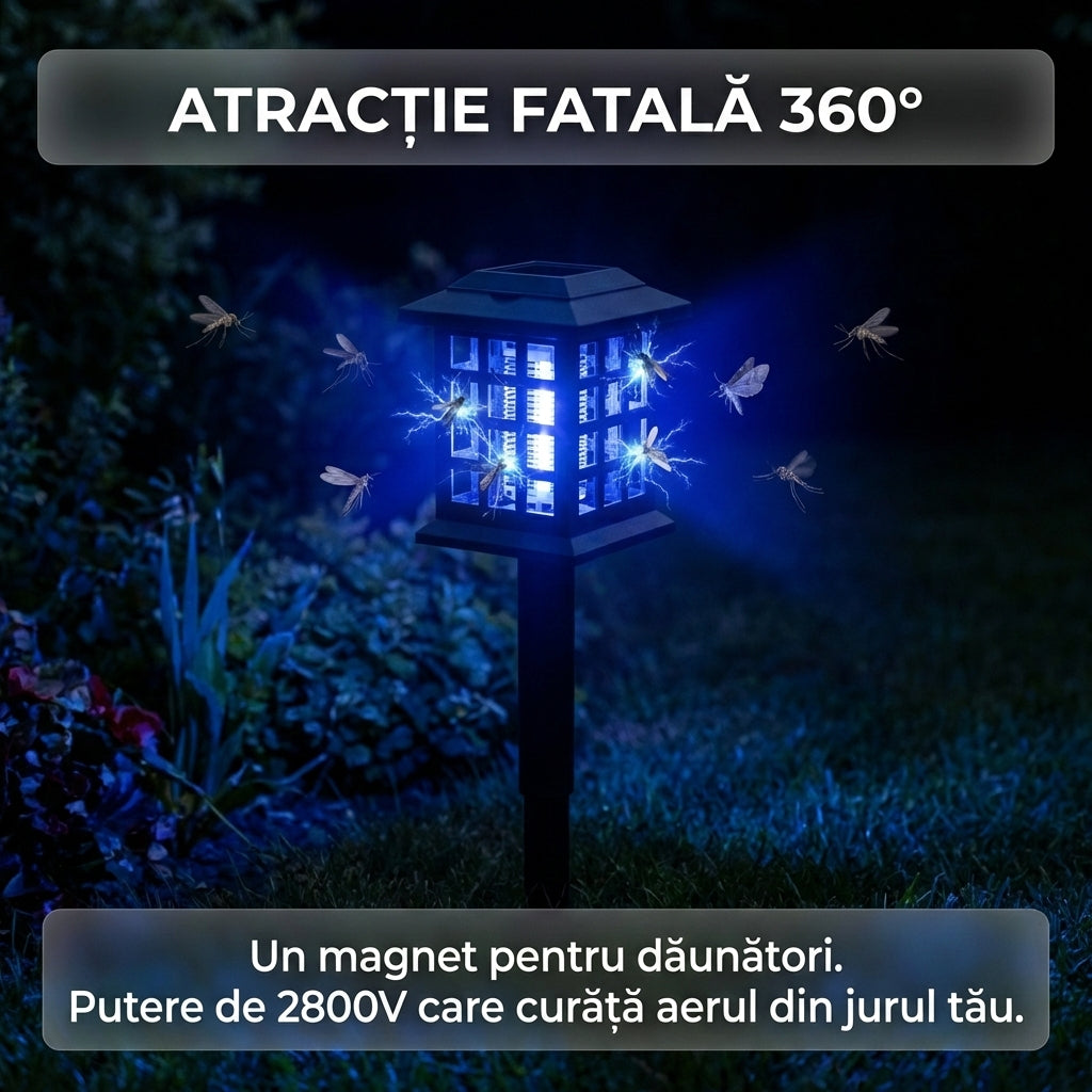 Lampă Solară Anti-Insecte 2-în-1 "Solar Monster Zapper", Lumină UV, Șoc 2800V, Fără Chimicale, Negru