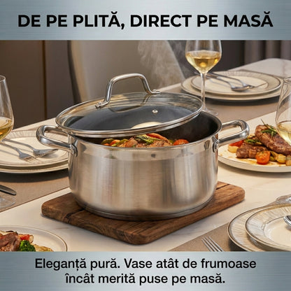 Set Vase de Gătit 8 Piese din Oțel Inoxidabil Premium, Antiaderente, Compatibile Inducție și Gaz