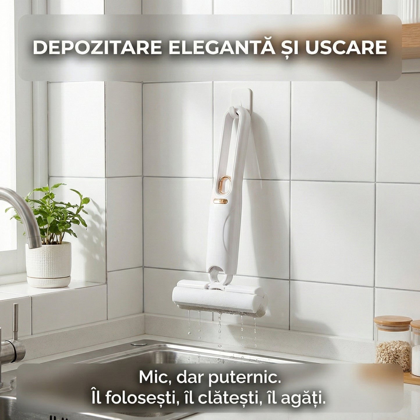 Mini Mop Portabil pentru Geamuri și Suprafețe, Sistem de Autostoarcere, Burete PVA Absorbant, 29 cm, Alb