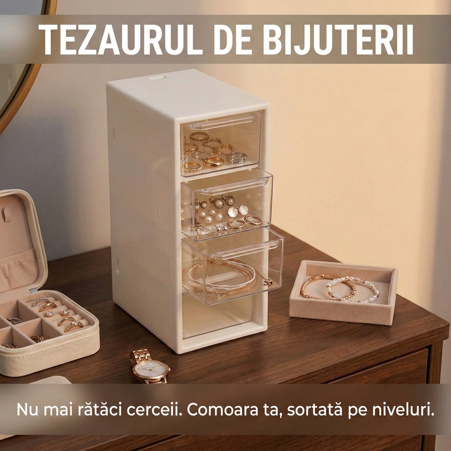 Organizator de Birou cu 4 Sertare Transparente, Cutie Depozitare Cosmetice și Accesorii, Alb, Compact