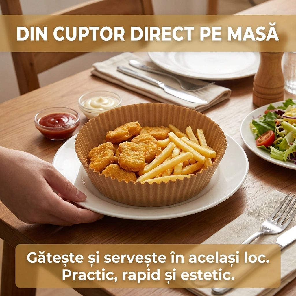 Set 100 Bucăți Hârtie de Copt pentru Friteuză cu Aer Cald (Air Fryer), Unică Folosință, Antiaderentă, 20cm