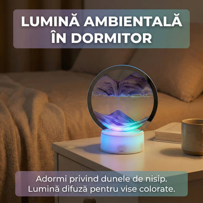Lampă Decorativă 3D Illusion cu Nisip Mișcător și LED RGB, Efect Clepsidră, Alimentare USB/Baterii, 16x19 cm, Alb/Mov