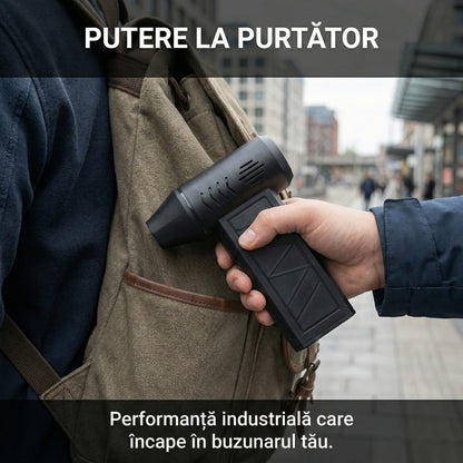 Suflantă Turbo "Jet Fan" Portabilă 110.000 RPM - Viteză Aer 42m/s, Motor Brushless & 4 Trepte Viteză, Acumulator Inclus