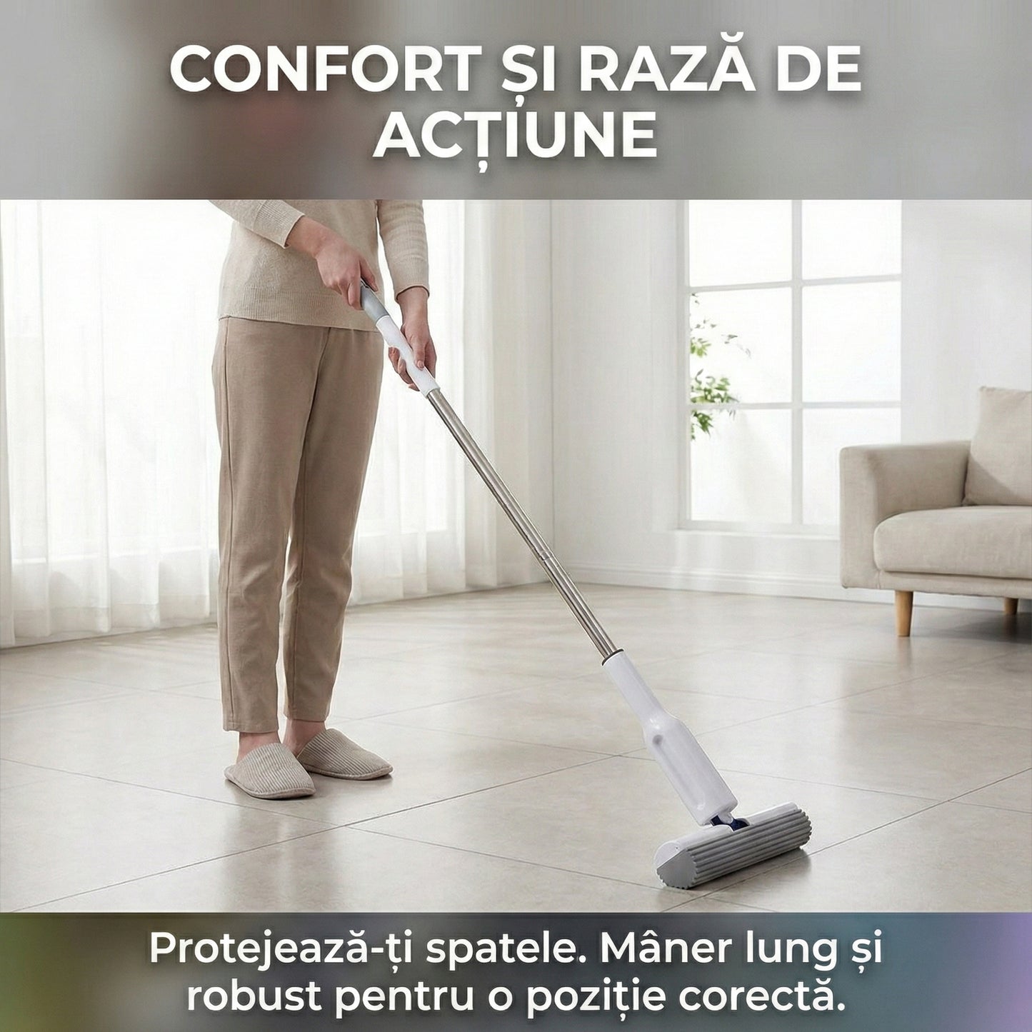 Set Mop Telescopic cu Găleată Pliabilă, Stoarcere Automată, Coadă Inox 140cm, Cap Absorbant 32cm, Gri/Alb
