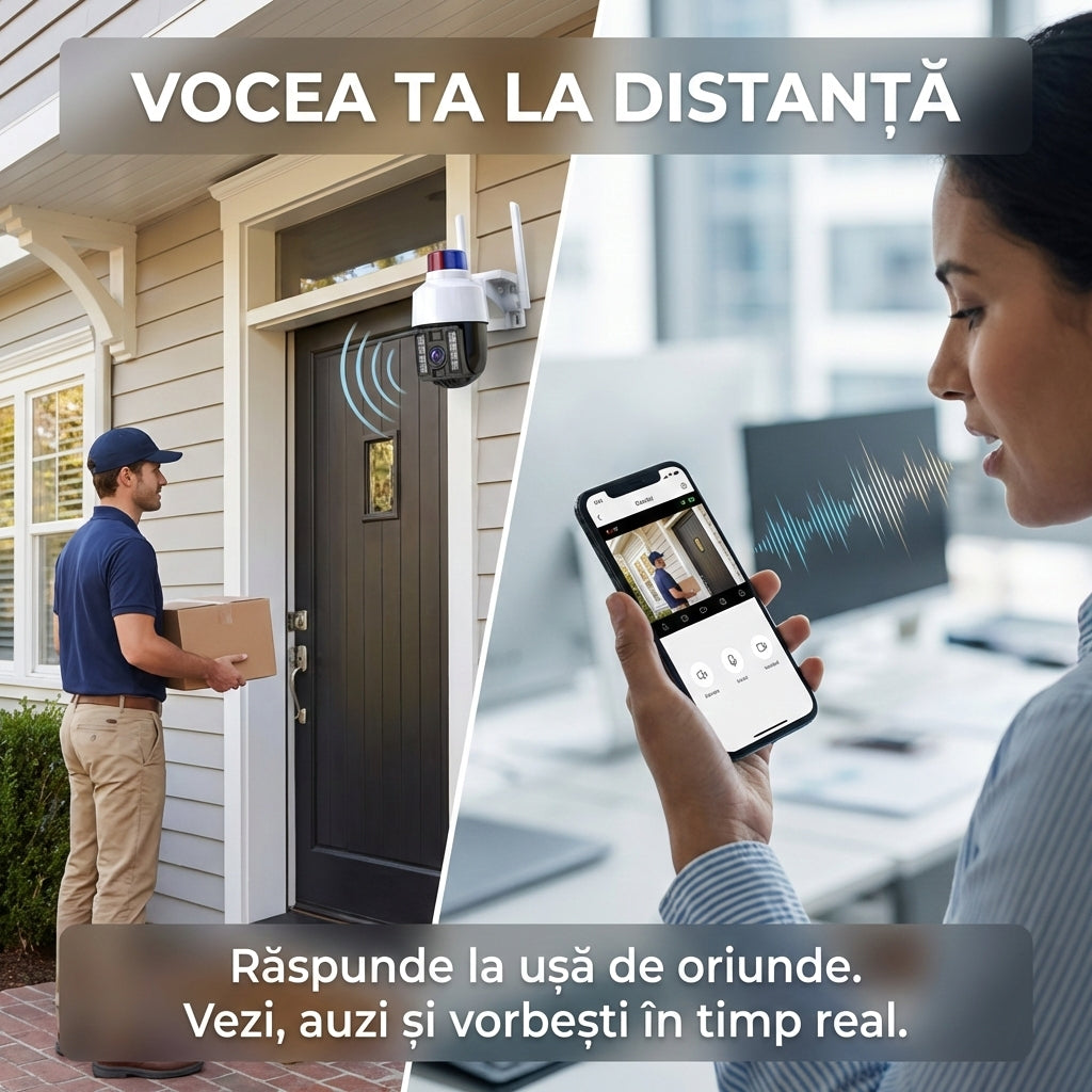 Cameră Supraveghere WiFi Exterior PTZ 5MP cu Sirenă Poliție și Girofar, Rotire 360°, Urmărire Automată, Night Vision Color, V380 Pro