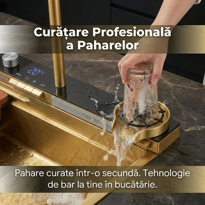 Chiuvetă de Bucătărie Multifuncțională Aurie din Inox, Afișaj Digital Hidro-Activat, Baterie Cascadă și Spălător Pahare, 75cm