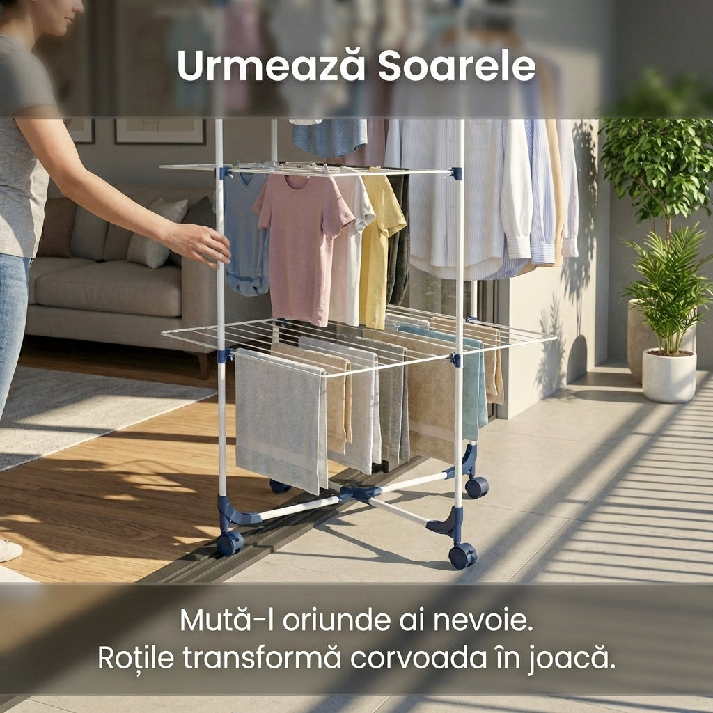 Uscător de Rufe Vertical Dublu Pliabil , 3 Niveluri, Capacitate 30 kg, Portabil, Alb