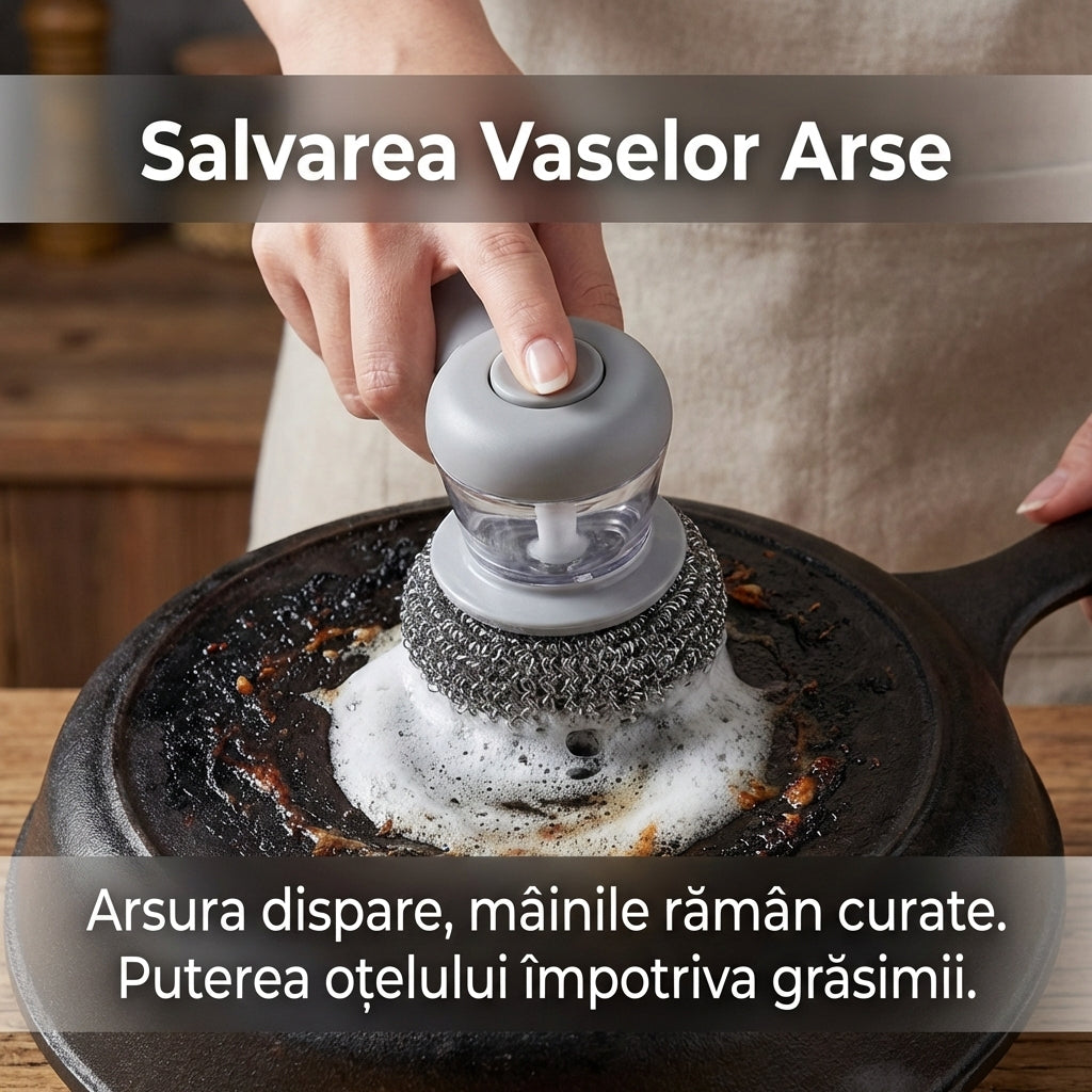 Perie de Curățare Vase cu Dozator Automat de Detergent și Burete din Sârmă de Oțel, Tip Presă