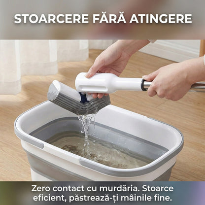 Set Mop Telescopic cu Găleată Pliabilă, Stoarcere Automată, Coadă Inox 140cm, Cap Absorbant 32cm, Gri/Alb