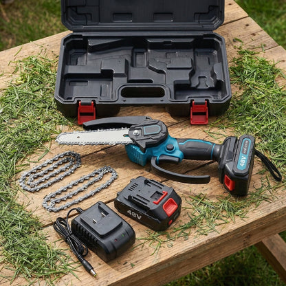 Mini Drujbă Electrică 6 Inch (16cm) - Set Complet cu 2 Acumulatori 48V, 2 Lanțuri & Trusă Transport