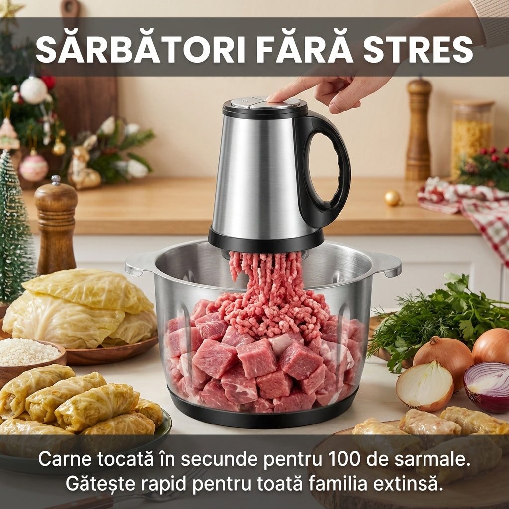 Tocător Electric Multifuncțional 5L (Inox) - Mașină de Tocat Carne & Blender Legume, Bol XXL & Lame Oțel