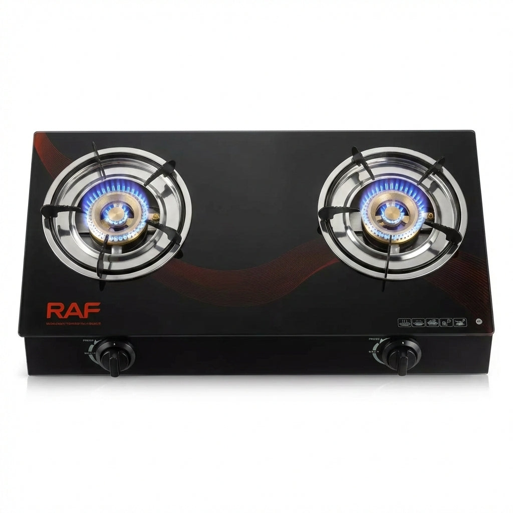 Aragaz de Masă Dublu R.8051, Sticlă Călită Neagră, Aprindere Electronică, 2 Arzătoare