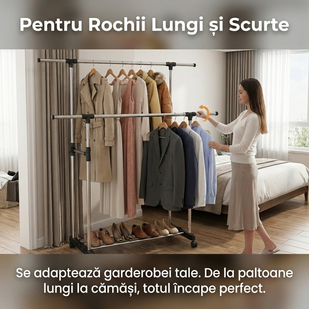 Stender Dublu Reglabil pentru Haine și Pantofi, Mobil cu Roți, Bare Cromate Extensibile