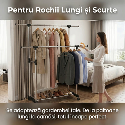 Stender Dublu Reglabil pentru Haine și Pantofi, Mobil cu Roți, Bare Cromate Extensibile
