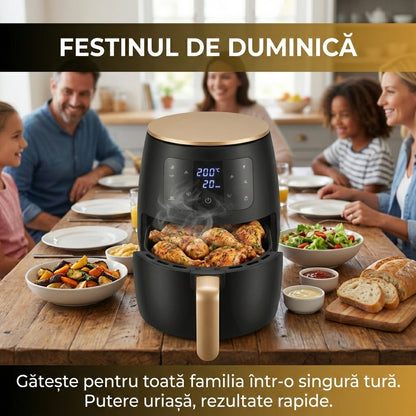 Friteuză cu Aer Cald (Air Fryer) Digitală 6L, 2400W, Funcție Coacere + Tavă Silicon Cadou