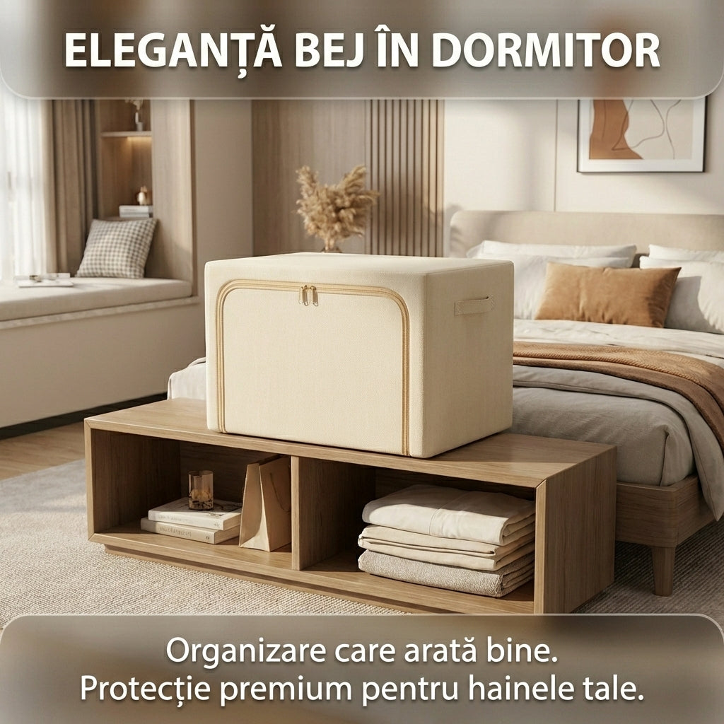 Cutie de Depozitare Premium 66L din Oxford, Cadru Metalic Pliabil, Ferestre Transparente, Bej