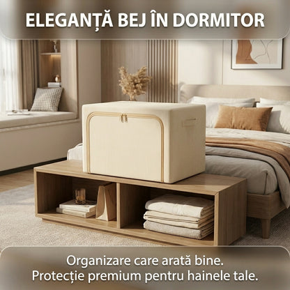 Cutie de Depozitare Premium 66L din Oxford, Cadru Metalic Pliabil, Ferestre Transparente, Bej