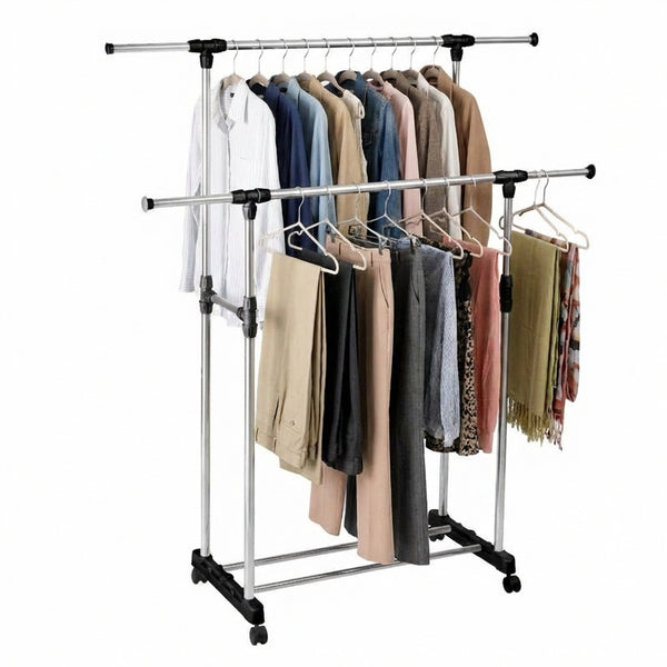 Stender Dublu Reglabil pentru Haine și Pantofi, Mobil cu Roți, Bare Cromate Extensibile