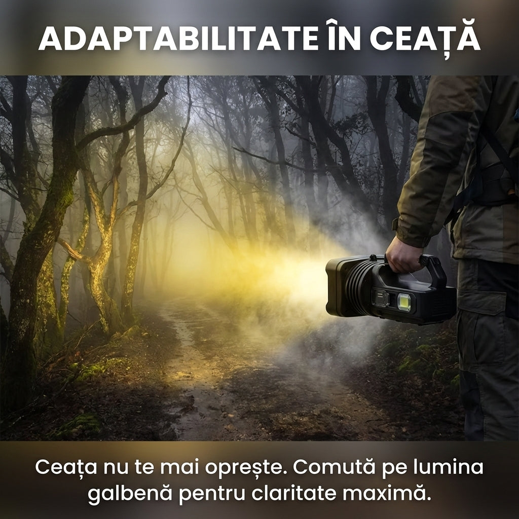 Lanternă Profesională "Searchlight" LED Dublu P50, 2000+ Lumeni, Rază 1000m, Acumulator 7200mAh, 10 Moduri