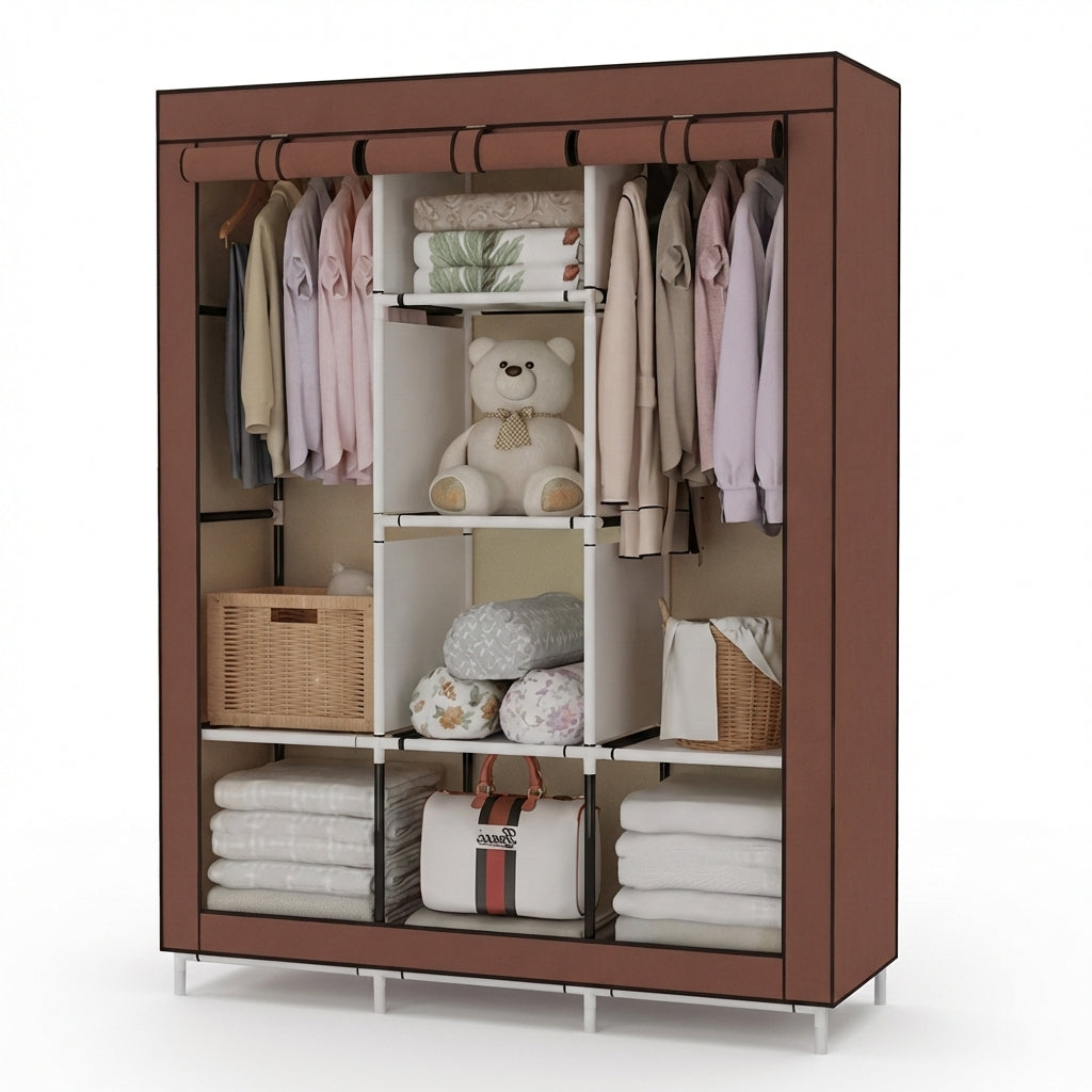 Dulap Textil Portabil XL pentru Haine, Organizator Garderobă 128x45x170cm, Husă Maro, Rafturi Multiple