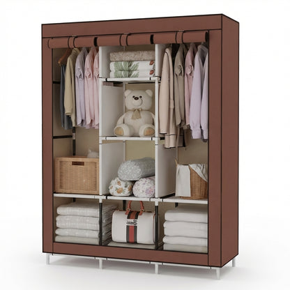 Dulap Textil Portabil XL pentru Haine, Organizator Garderobă 128x45x170cm, Husă Maro, Rafturi Multiple