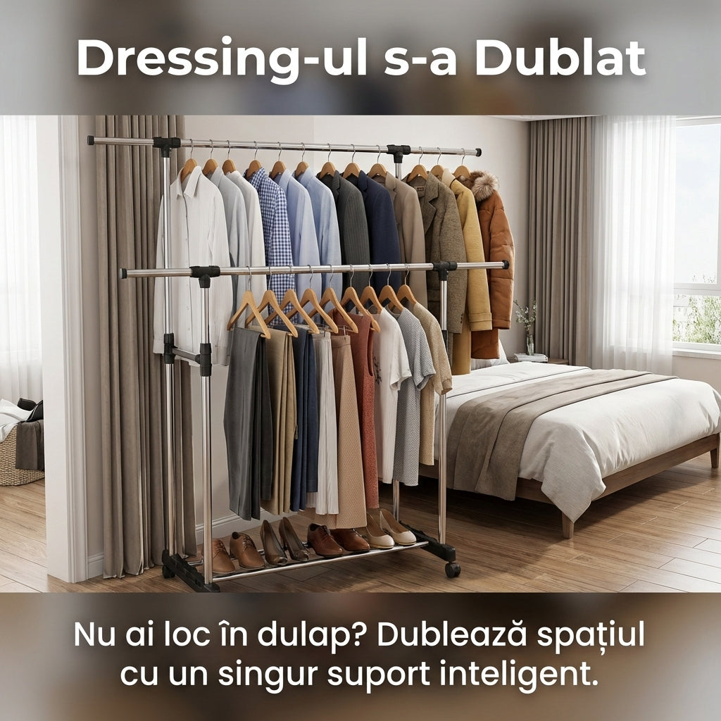 Stender Dublu Reglabil pentru Haine și Pantofi, Mobil cu Roți, Bare Cromate Extensibile
