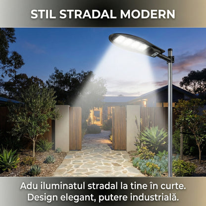 Lampă Solară Stradală LED 400W, 168 LED-uri, Senzor de Mișcare, Telecomandă, 3 Moduri de Iluminare, IP65