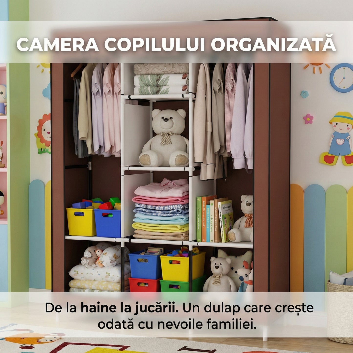 Dulap Textil Portabil XL pentru Haine, Organizator Garderobă 128x45x170cm, Husă Maro, Rafturi Multiple