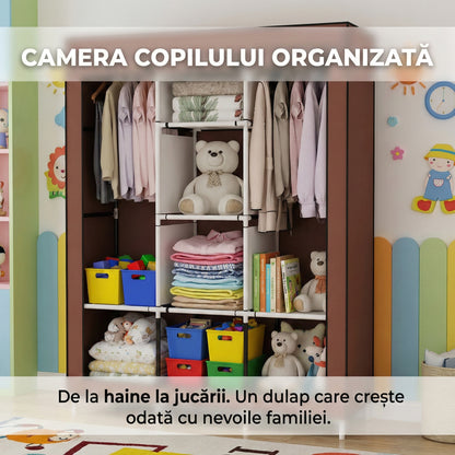 Dulap Textil Portabil XL pentru Haine, Organizator Garderobă 128x45x170cm, Husă Maro, Rafturi Multiple