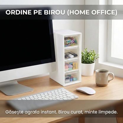 Organizator de Birou cu 4 Sertare Transparente, Cutie Depozitare Cosmetice și Accesorii, Alb, Compact