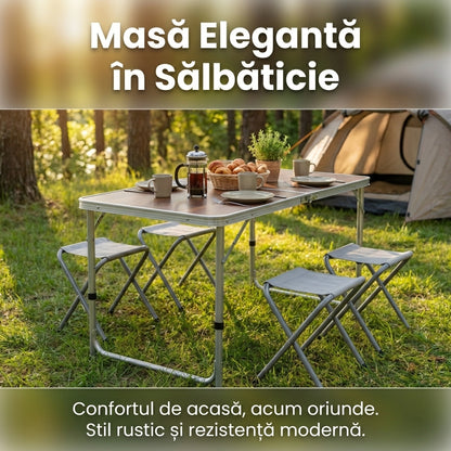 Set Masă Camping Pliabilă Tip Valiză cu 4 Scaune, Cadru Aluminiu, Blat MDF Impermeabil, Reglabilă pe Înălțime, Aspect Lemn