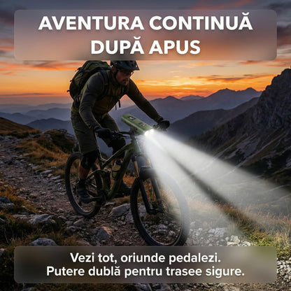 Far LED Bicicletă 3-în-1 cu Power Bank 3000mAh, Afișaj Digital, Încărcare USB-C și Funcție Lanternă, Verde Militar