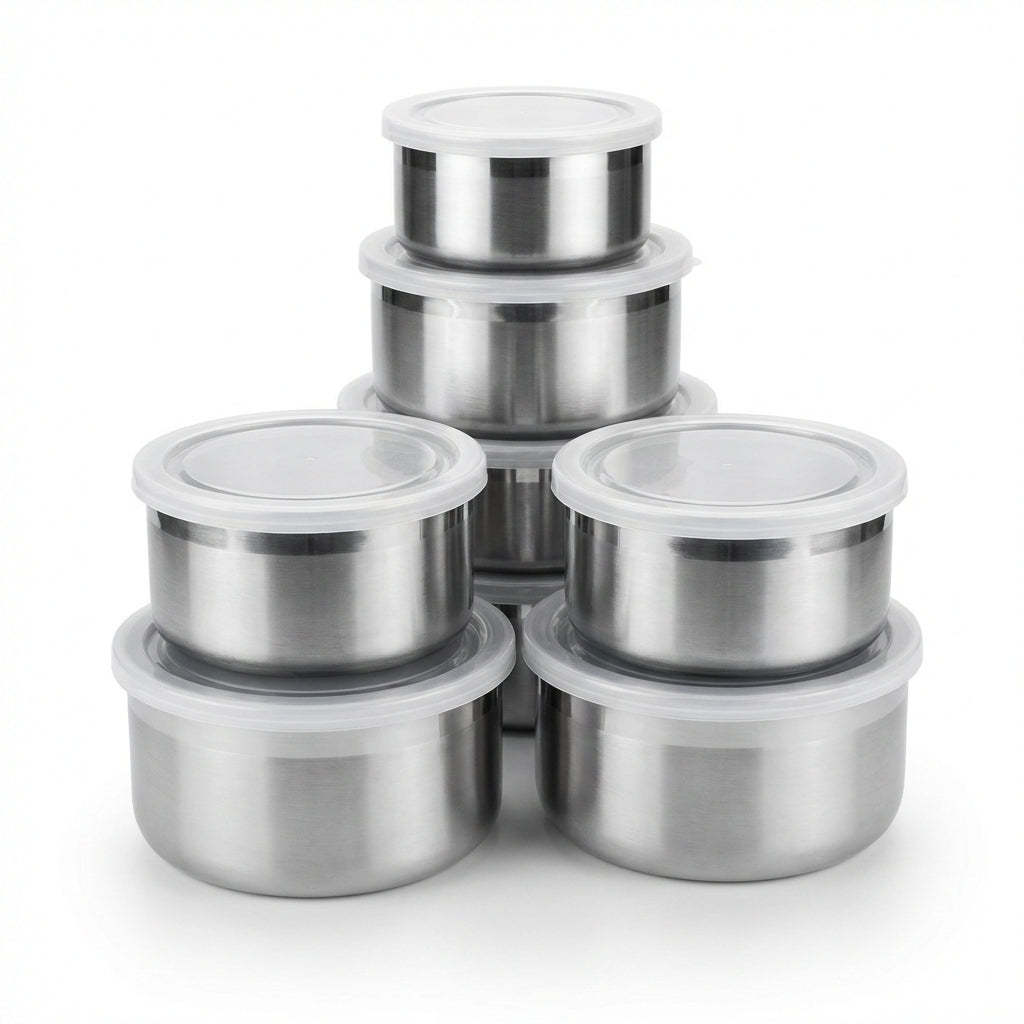 Set 5 Boluri din Inox cu Capac pentru Depozitare Alimente, Organizare Frigider și Călătorii, Stivuibile