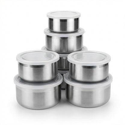 Set 5 Boluri din Inox cu Capac pentru Depozitare Alimente, Organizare Frigider și Călătorii, Stivuibile