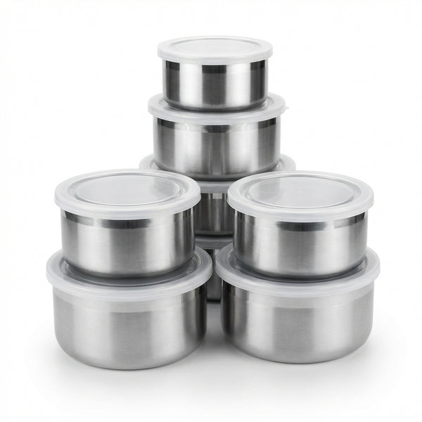 Set 5 Boluri din Inox cu Capac pentru Depozitare Alimente, Organizare Frigider și Călătorii, Stivuibile