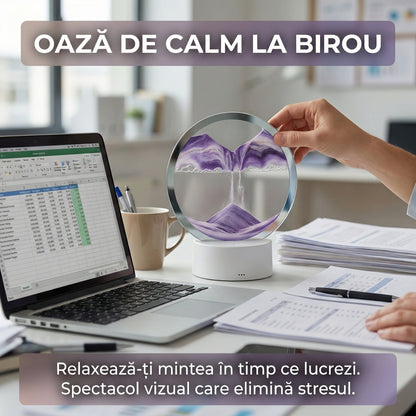 Lampă Decorativă 3D Illusion cu Nisip Mișcător și LED RGB, Efect Clepsidră, Alimentare USB/Baterii, 16x19 cm, Alb/Mov