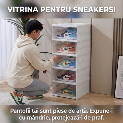 Dulap Pliabil pentru Pantofi cu 5 Niveluri, Instalare Rapidă Fără Unelte, Uși Transparente, Alb