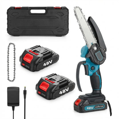 Mini Drujbă Electrică 6 Inch (16cm) - Set Complet cu 2 Acumulatori 48V, 2 Lanțuri & Trusă Transport