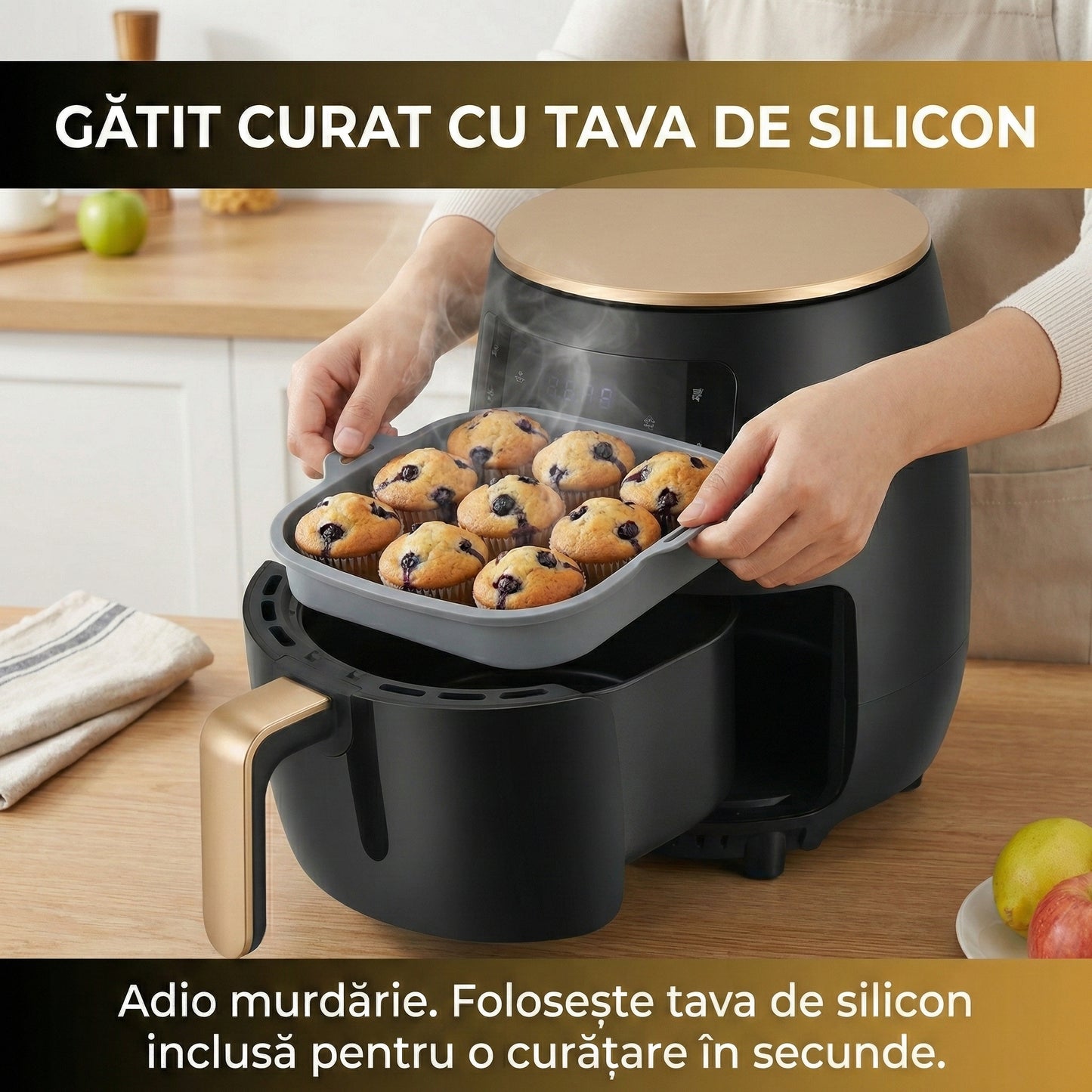 Friteuză cu Aer Cald (Air Fryer) Digitală 6L, 2400W, Funcție Coacere + Tavă Silicon Cadou