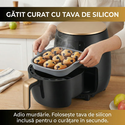 Friteuză cu Aer Cald (Air Fryer) Digitală 6L, 2400W, Funcție Coacere + Tavă Silicon Cadou