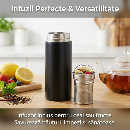 Termos Smart 500ml cu Afișaj LED pentru Temperatură, Oțel Inoxidabil SUS 304, Izolație Vacuum, Filtru Ceai, Negru