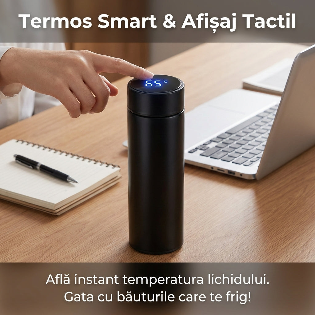 Termos Smart 500ml cu Afișaj LED pentru Temperatură, Oțel Inoxidabil SUS 304, Izolație Vacuum, Filtru Ceai, Negru