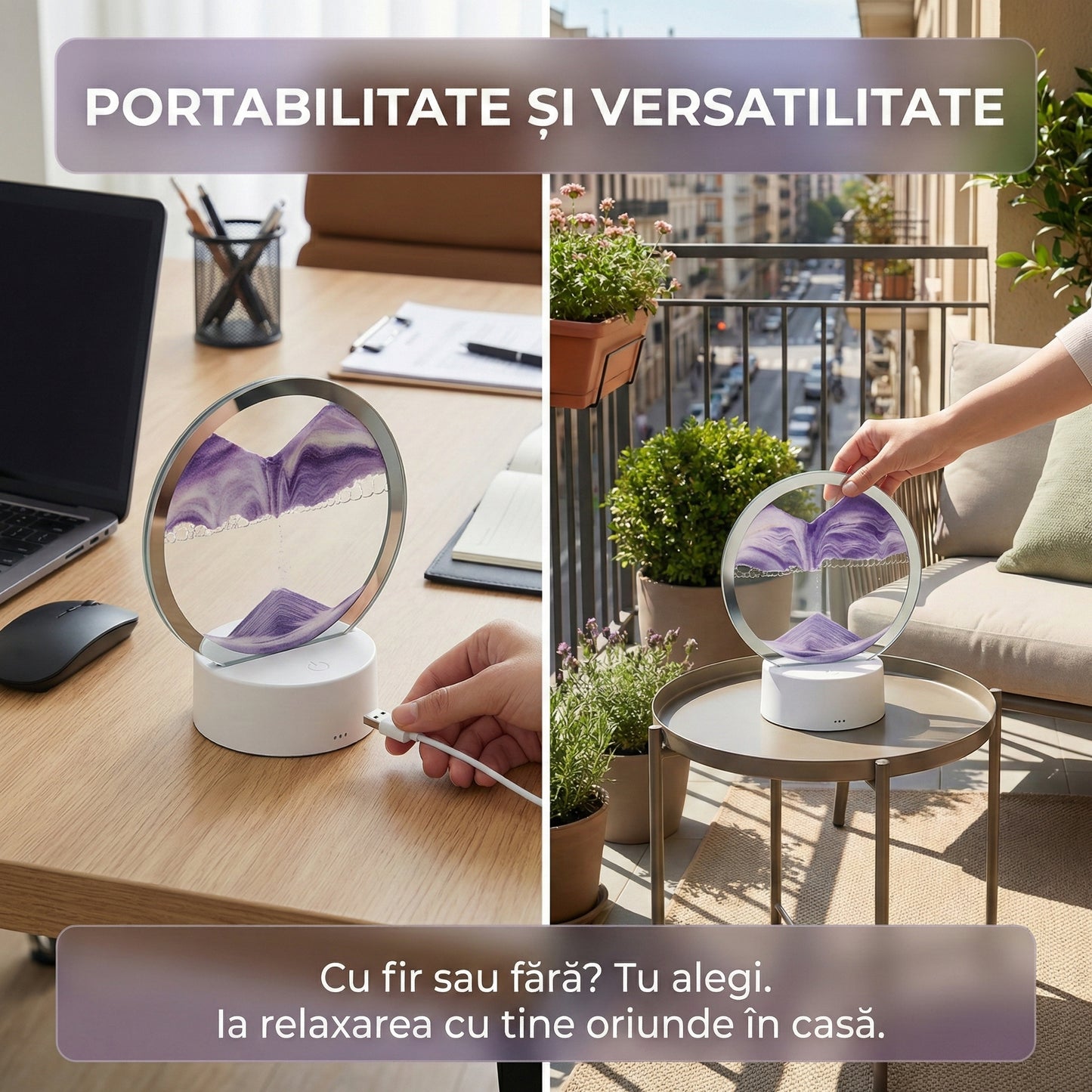 Lampă Decorativă 3D Illusion cu Nisip Mișcător și LED RGB, Efect Clepsidră, Alimentare USB/Baterii, 16x19 cm, Alb/Mov