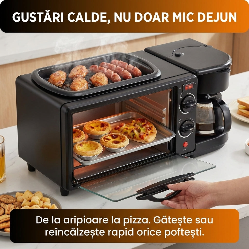 Stație Mic Dejun 3-în-1: Cuptor Electric 9L, Cafetieră 600ml și Grill, 1250W, Negru