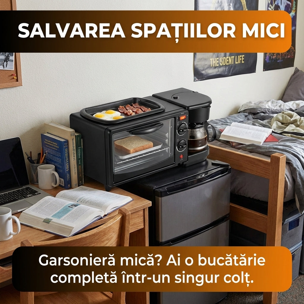 Stație Mic Dejun 3-în-1: Cuptor Electric 9L, Cafetieră 600ml și Grill, 1250W, Negru