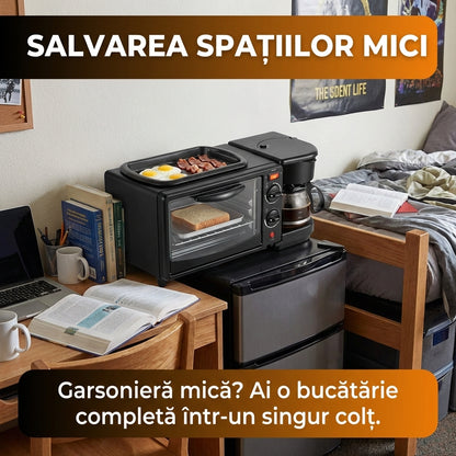 Stație Mic Dejun 3-în-1: Cuptor Electric 9L, Cafetieră 600ml și Grill, 1250W, Negru