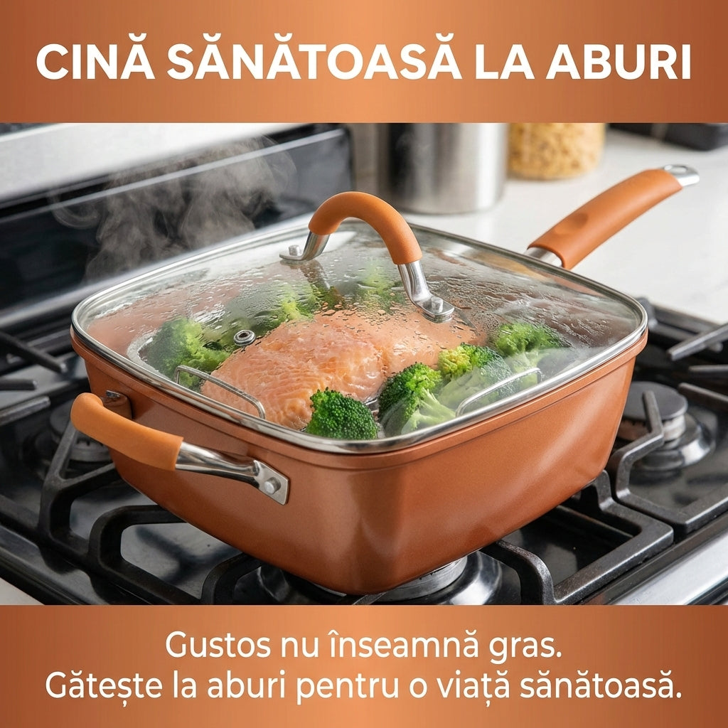 Set Tigaie Pătrată Multifuncțională 5-în-1, Ceramică Antiaderentă, Compatibilă Inducție și Cuptor, 24cm